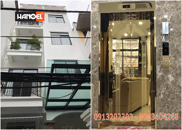 Công trình lắp đặt thang máy tại Long Biên: inox gương vàng ăn mòn hoa văn xen lẫn inox gương